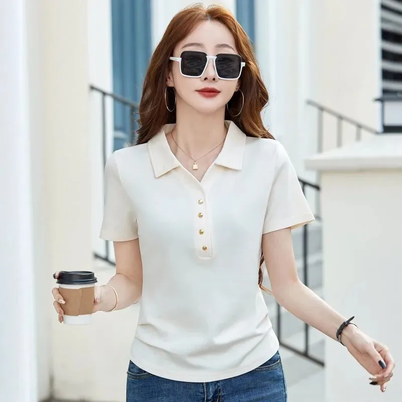 Women's Beige Short Sleeve Polo Shirt Turn-Down Collar Button Placket Slim Fit Casual Cotton Blend Top