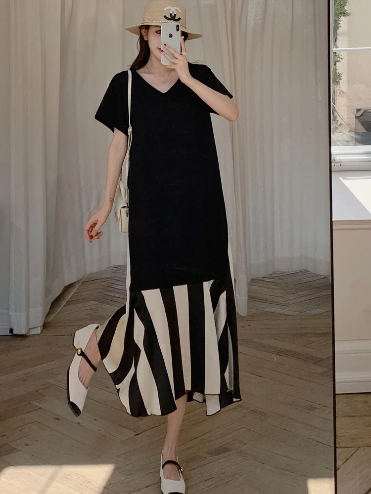 فستان صيفي NYFS 2025 فضفاض مقاس كبير مقسم   فساتين طويلة بحاشية مخططة رداء Elbise بأكمام قصيرة على الطراز الكوري فستان نسائي #5