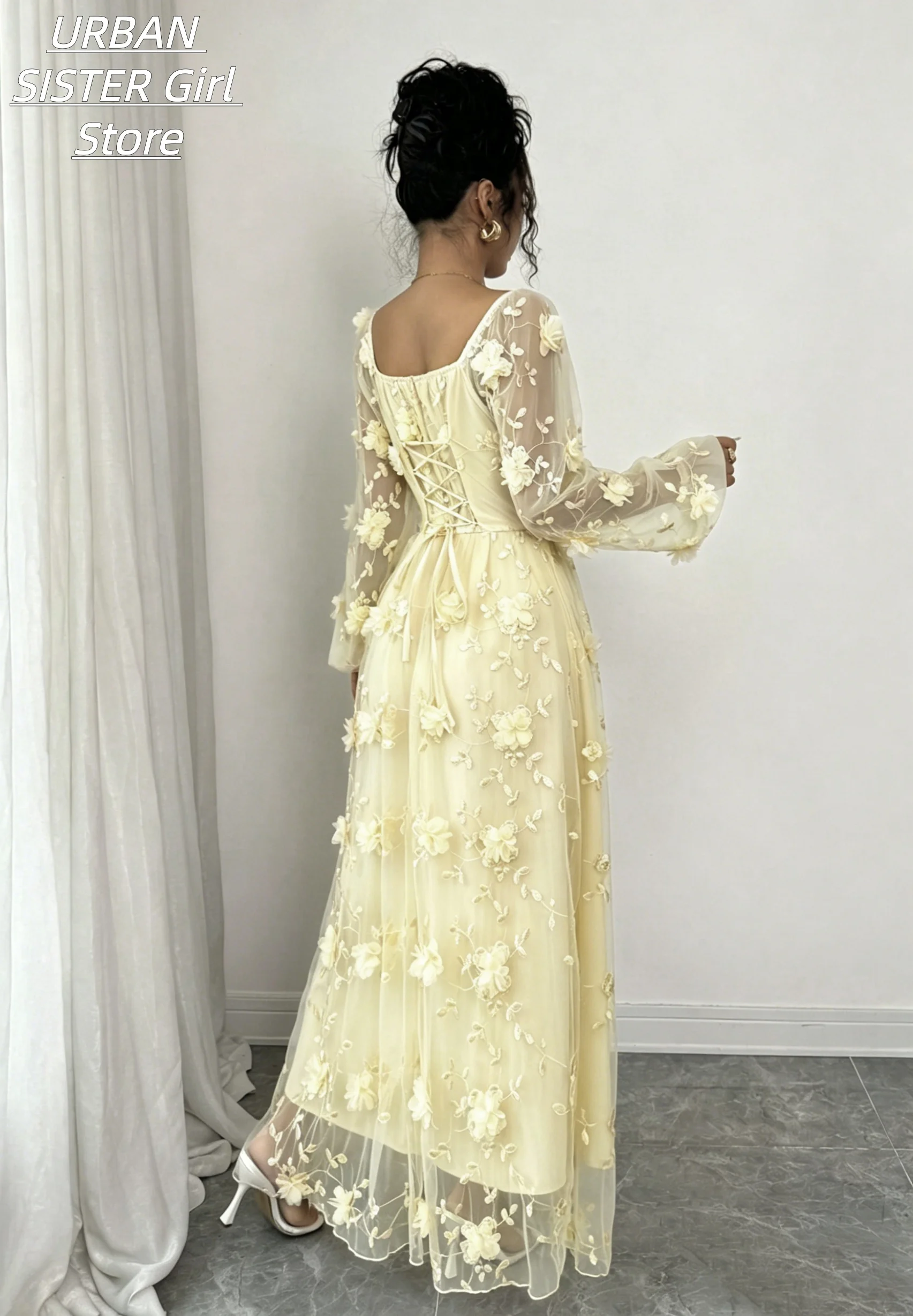 Light Goose Yellow Ruffled Squ - đánh giá và giá Embroidery Yellow Dress