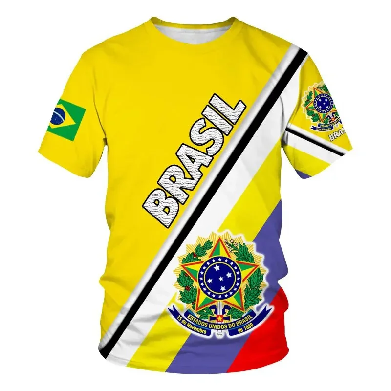 New Summer Men's Football Sports Short Sleeve Quick Drying Men's T-shirt 3D Printed Brazilian Flag Football T-shirt Clothing