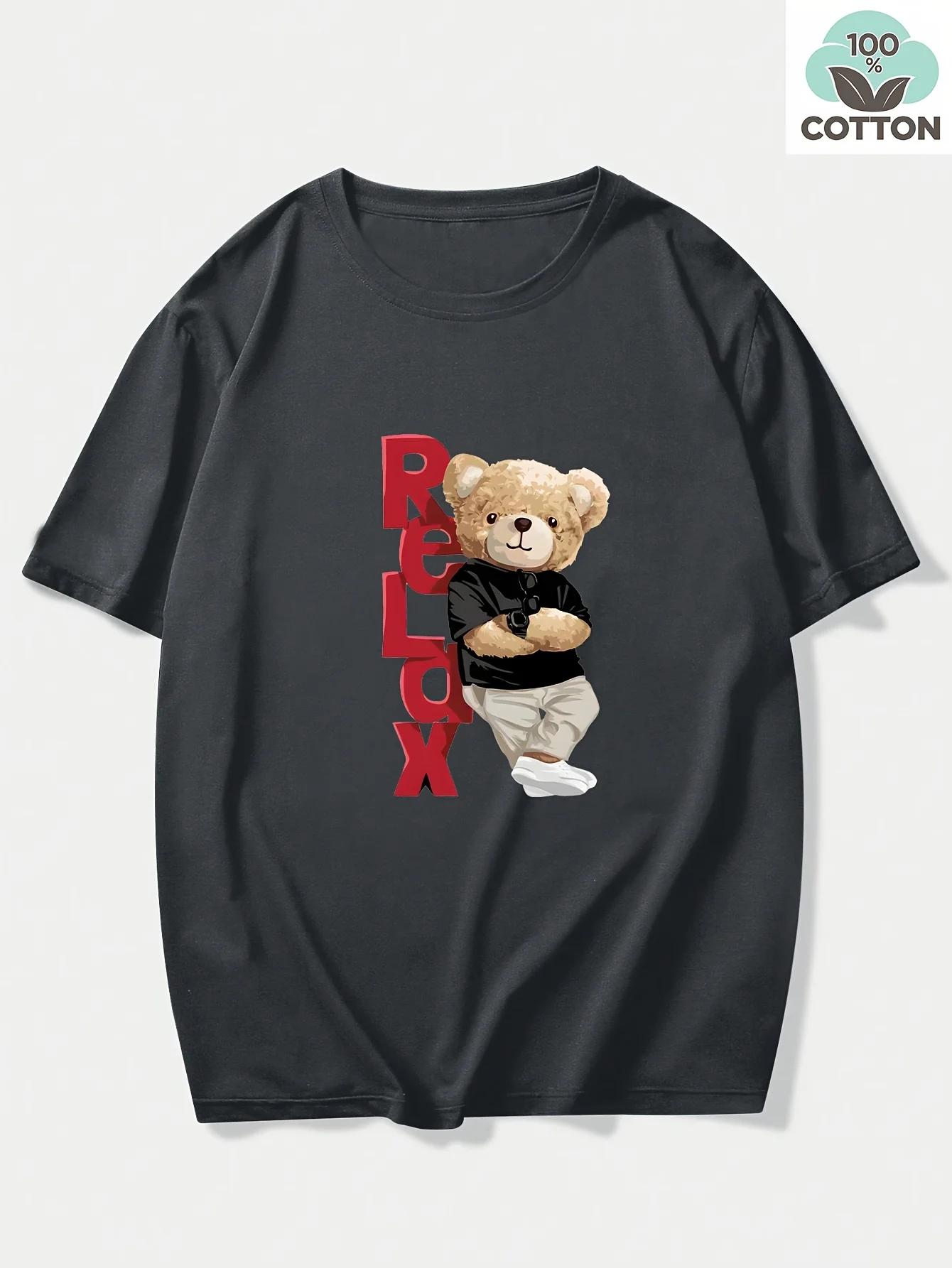 Cool Dressed-Up Teddy Bear with Relax Text Print 100% Cotton Men's T-shirt Summer Casual Streetwear Bold Graphic Statement Top