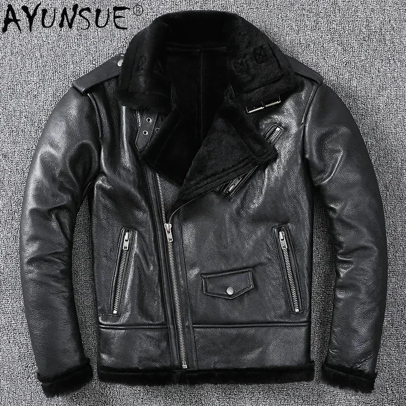 AYUNSUE Winter Jacket Men Genuine Sheepskin Leather Jackets Male Real Wool Fur Coat Motorcycle Clothing 2025 Ropa Hombre LXR1056