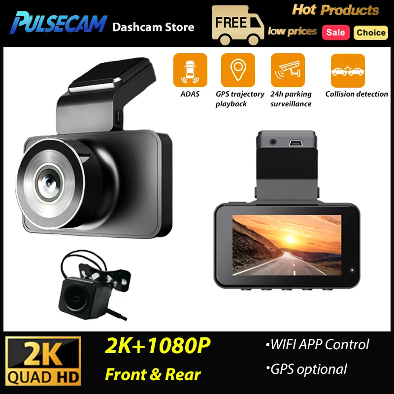 

PULSECAM Q9 Pro 2K Dash Cam Rear 1080P Option GPS ADAS Voice Control Night Vision 24 Hour Parking Surveillance VCR Wifi