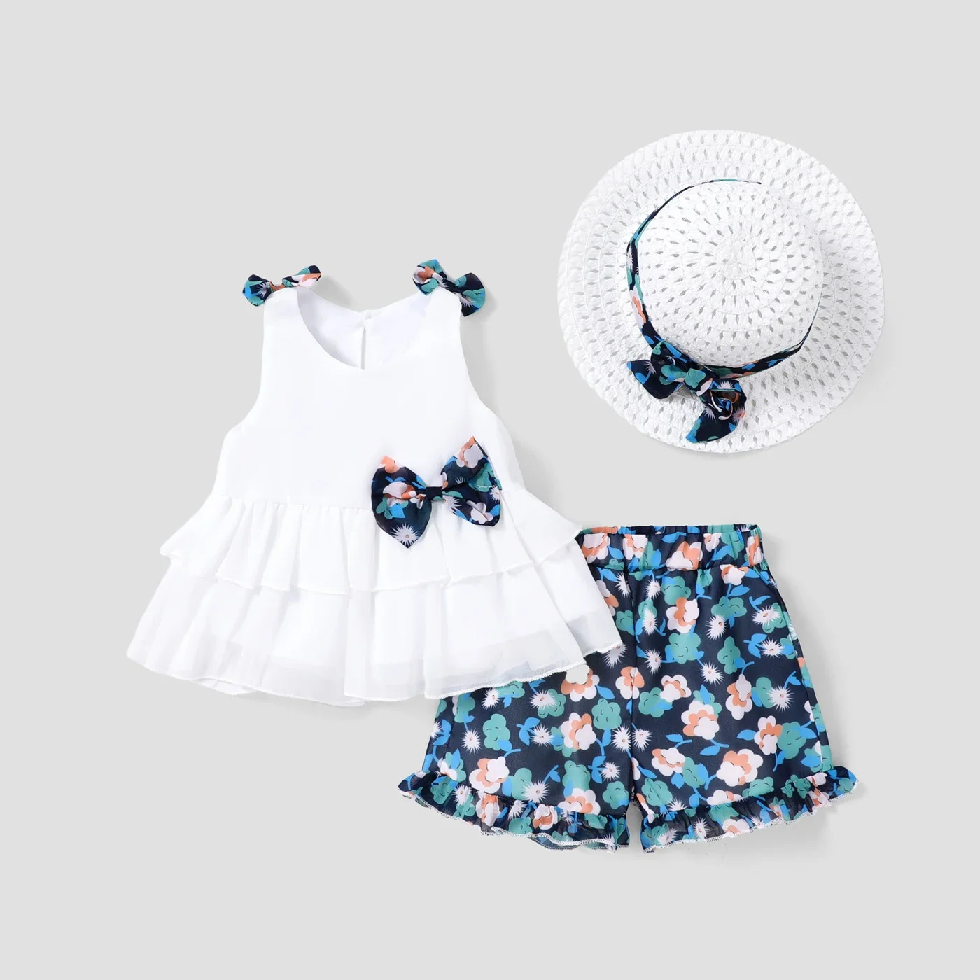 PatPat 3pcs Toddler Girl Bow Decor Hat & Layered Ruffled Tank Top & Floral Print Shorts Set  Casual/Outdoor Sweet