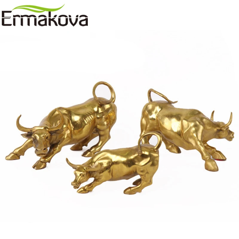 ERMAKOVA Wall Street Golden Fierce Bull OX Figurine Sculpture Charging Stock Market Bull Statue Home Office Decor Gift