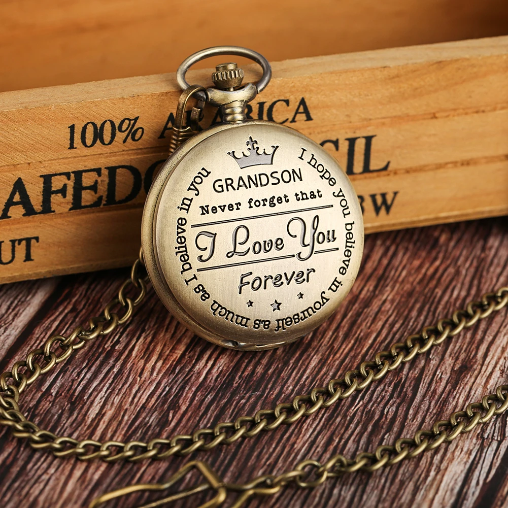 Bronze To My Grandson Quartz Pocket Watch I Love You Necklace Fob Watches Men Children's Day Kids Gifts Present with Hook Chain