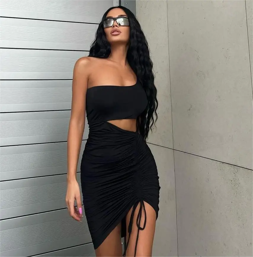 

SKMY Sexy One Shoulder Sleeveless Drawstring Ruched Hollow Out Dresses For Women 2024 Summer New Solid Color Black Dress