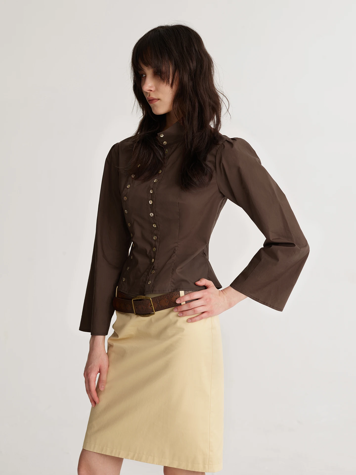 Dozzease Detachable  Design Long Sleeve Slim Fit Shirt Half High Collar Autumn Top for Women Vintage Style Cotton Shirt