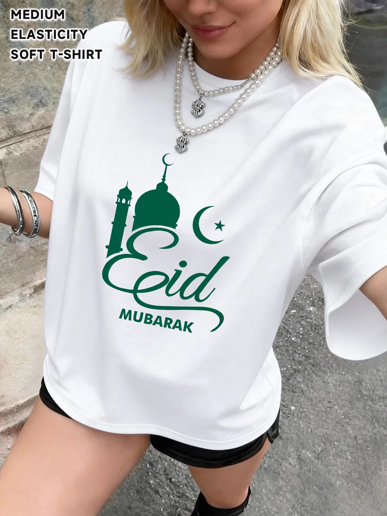 Women Fashion T-Shirt Eid Mubarak Mosque Star Print Graphic Tee Casual Loose Short Sleeve Top Islamic Muslim Celebration Shirt