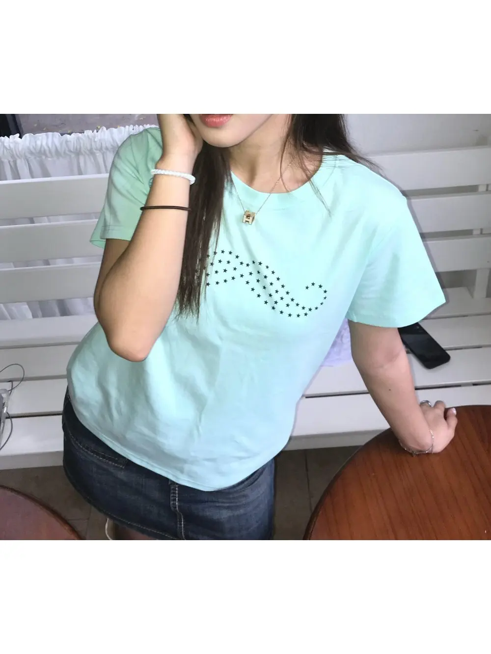 2026 new summer fresh green star mustache printed round neck short sleeved T-shirt top for casual and versatile vacation dates
