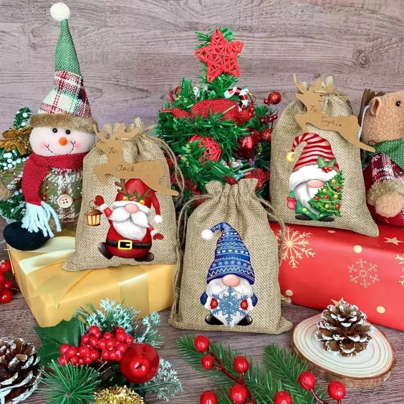 

12pcs Merry Christmas Linen Drawstring Bags - Burlap Mix Gift Pouches, Small Jewelry Storage Bags for Party & Xmas Gifts