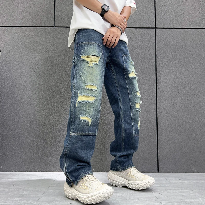 

Retro Hole Ripped Distressed Jeans for Men Straight Washed Harajuku Hip Hop Loose Denim Trousers Vibe Style Casual Jean Pants