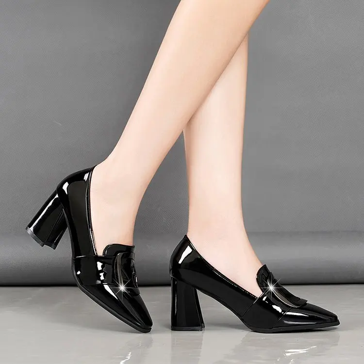 Women High Heels Shoes Women Pumps Patent Leather Single Woman Dress Shoes Thick Heels Pointed Toe Female Pumps