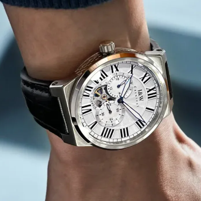 I&W Men Automatic Watch 41mm Mechanical Wristwatch Skeleton Dial 50m Waterproof Luminous Sapphire Small Second Dial