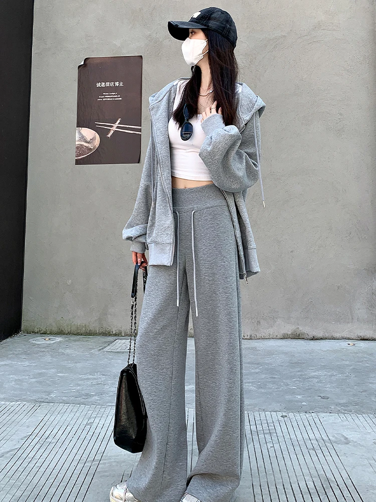 Casual Loose Solid Color Women Pants Simple Slim Basic High Waist Woman Pants American Gray Black Navy Blue Straight Leg Pants