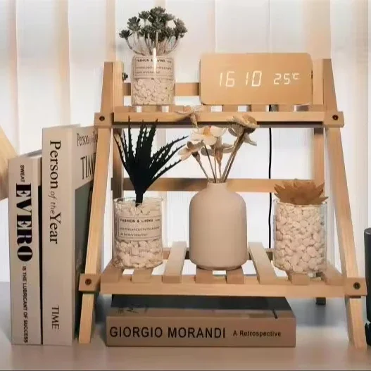 1pc 2 Tier Tabletop  Office Desktop Storage Organizer Wood Display Decorative Storage Rack Foldable Book Shelf