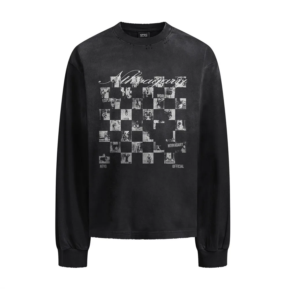 MWJLPWQ Checkered Print Long-Sleeve T-Shirt Men's Cotton Round Neck Distressed Worn Out Loose Fit Tide Style Summer Tops 17662