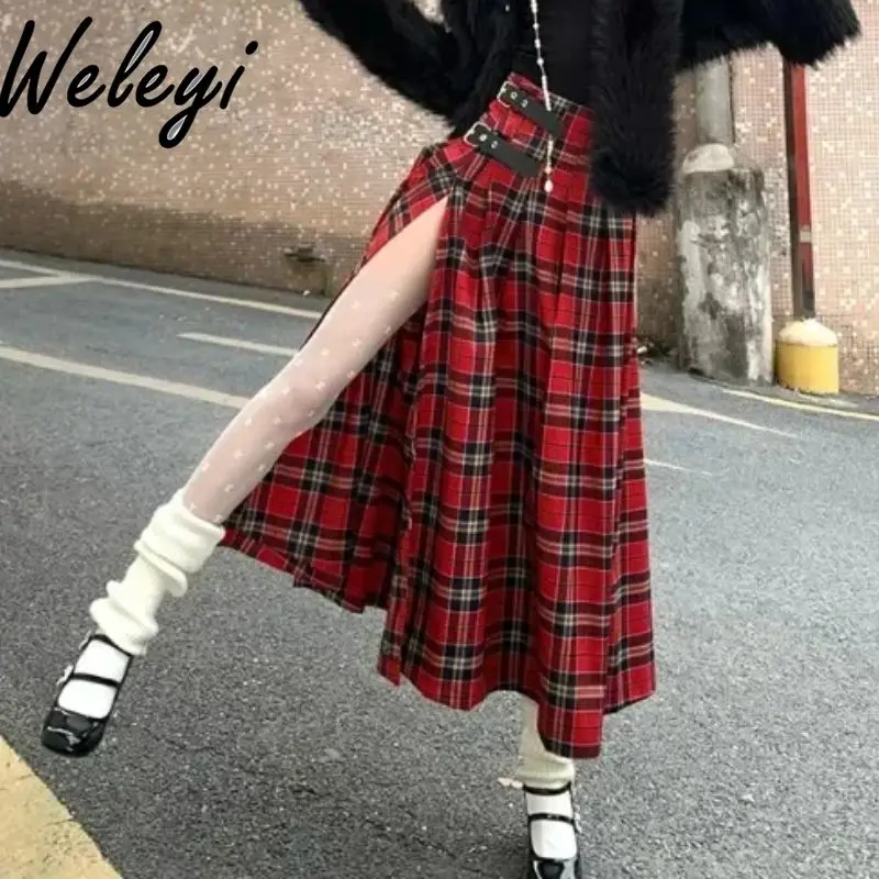 Retro Red Plaid Skirts Korean Fashion Women's 2024 Summer New Streetwear Sweet Cute High Waist Straight Long A Line Split Skirt