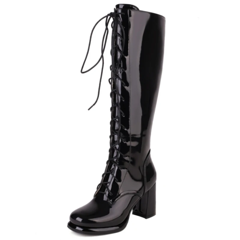 Women\'s Knee High Boots Lace-up Block Heels Party Winter Shoes Ladies Footwear Large Size 44 Black White Red Long Party Boot
