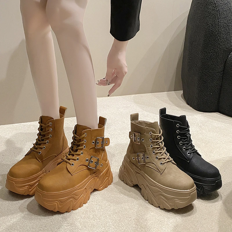 Women\'s High Platform Motorcycles Boots Autumn Winter 8CM Heels Ankle Combat Boots New Chunky Leather Sneakers Buckle Punk Boots