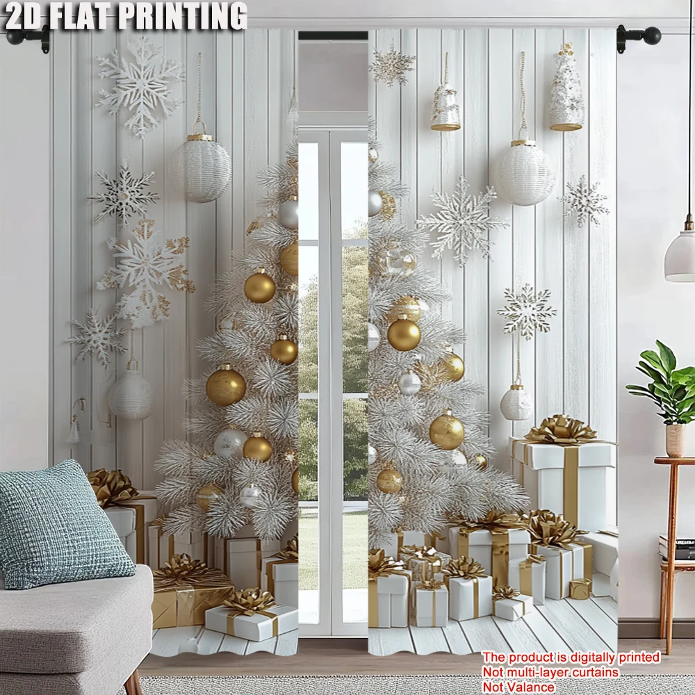 

2Pcs Classic Christmas Tree And Snowflake Print Curtains Polyester Rod Hole Washable Drapes For Various Room Elegant