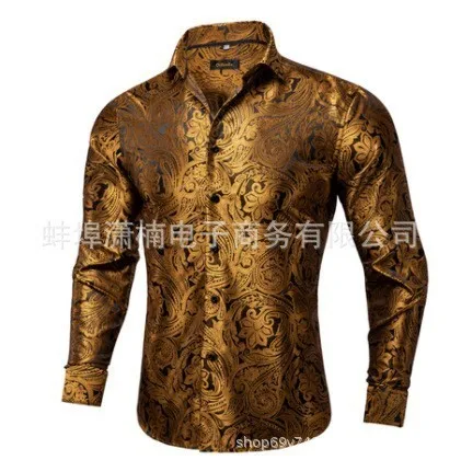 Floral Scroll Print Slim Fit Long Sleeve Shirt Collared Button down Casual Gold Paisley Black Green Casual Shirt
