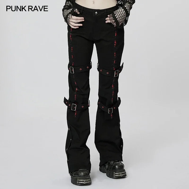 

PUNK RAVE Women's Punk Embroidered Personality Flared Pants Detachable Adjustment Loops Trouser Spring/autumn Streetwear Women