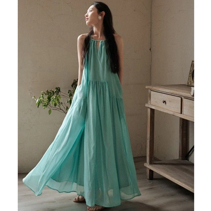 Neues Ethnisches Türkisfarbenes Neckholder-Maxikleid für Damen, Traumhaftes Mehrlagiges Rüschenkleid, Elegantes Romantisches Sommer-Freizeitkleid