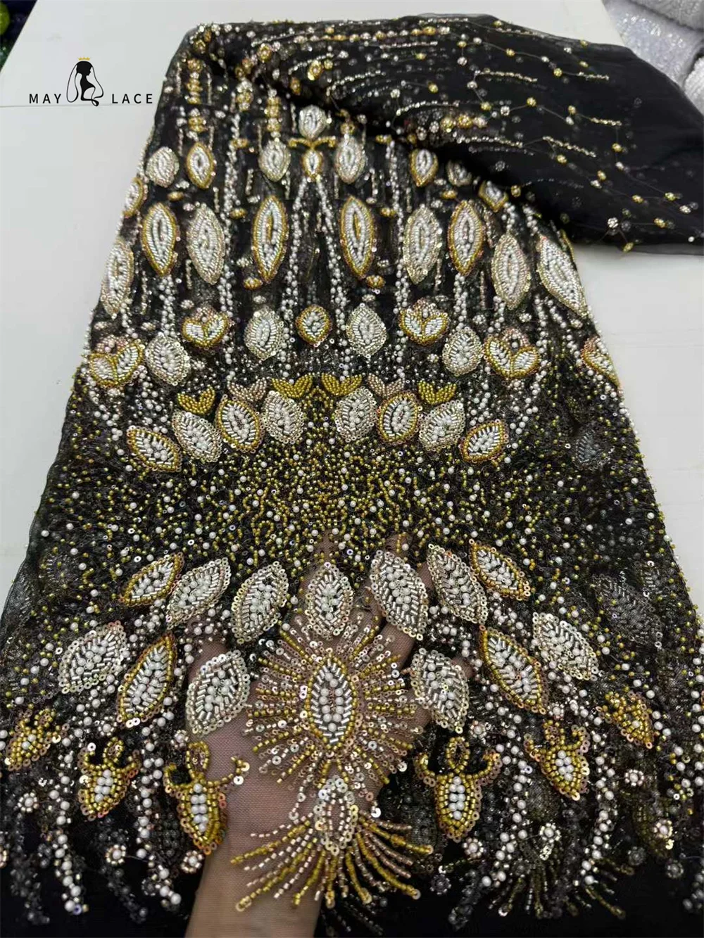 

2025 France High-End Luxury Elegant Black Handmade Beaded Lace Fabric Nigerian With Sequins Mesh Lace Fabric For Wedding Dress