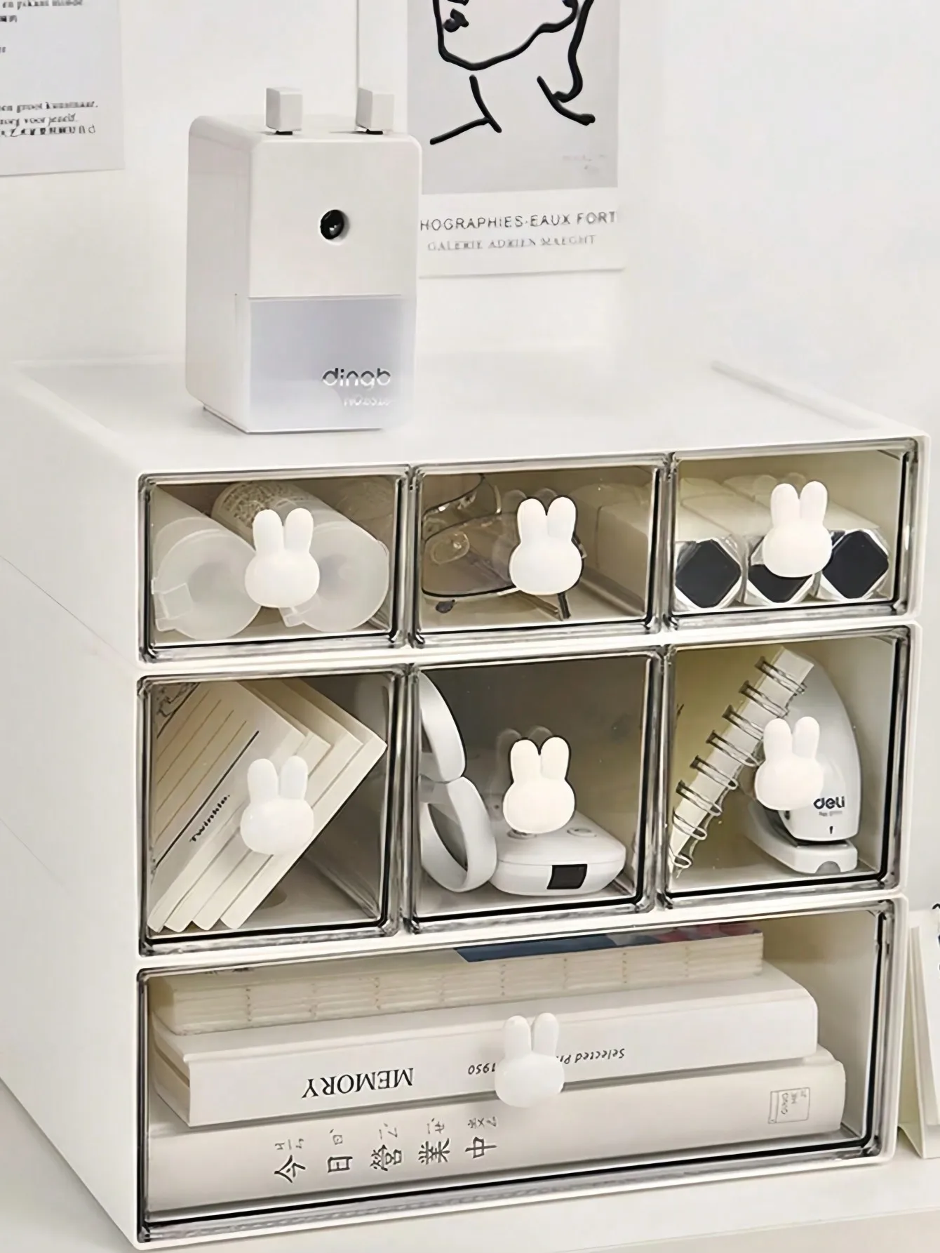 

Ящик для хранения с ручкой кролика из АБС-пластика, штабелируемый настольный органайзер для канцелярских косметических инструментов