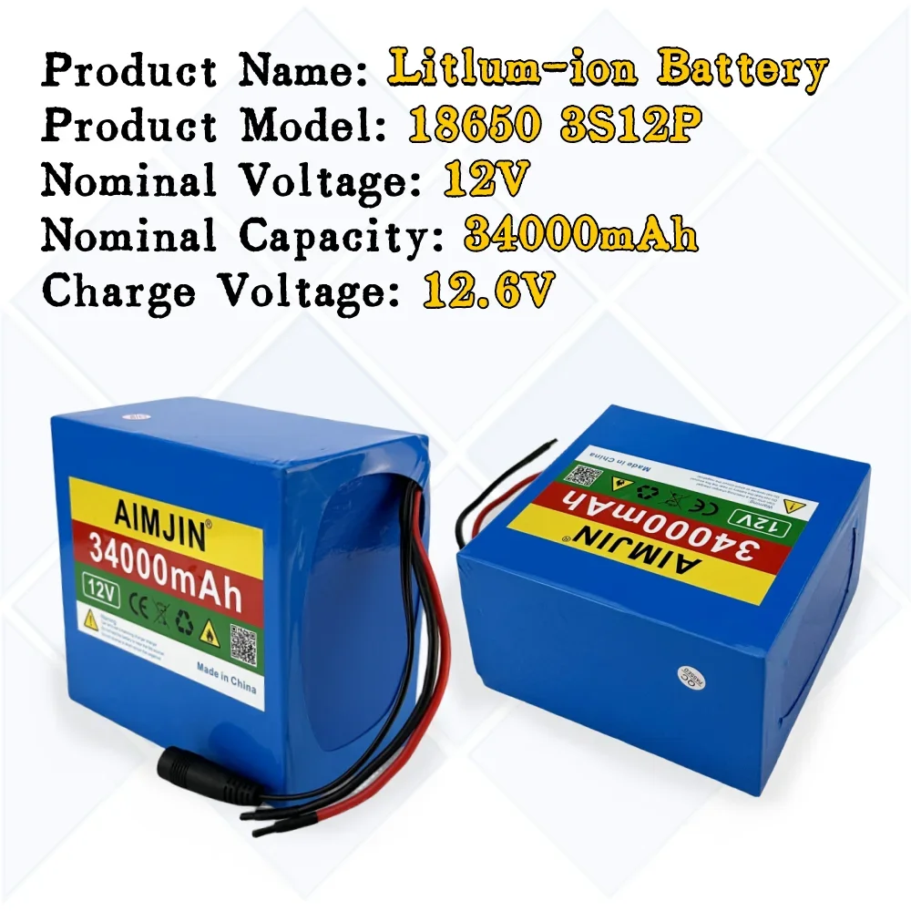 18650 3S12P Li-Ion Battery Pack 12V 34000mAh Rechargeable Battery Suitable for LED Lamp Light Solar Street Light Backup Power et