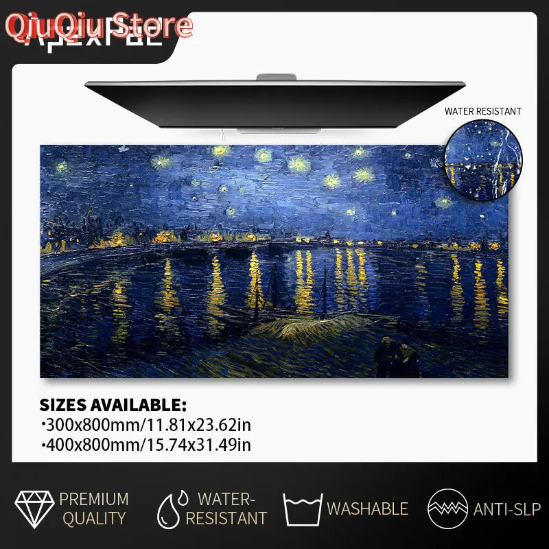 40x80 Van Gogh Starry Sky Oil Painting Town Aesthetic Desk Mat Large Mouse Desk Mat Non-slip Computer Keyboard Mouse Pad
