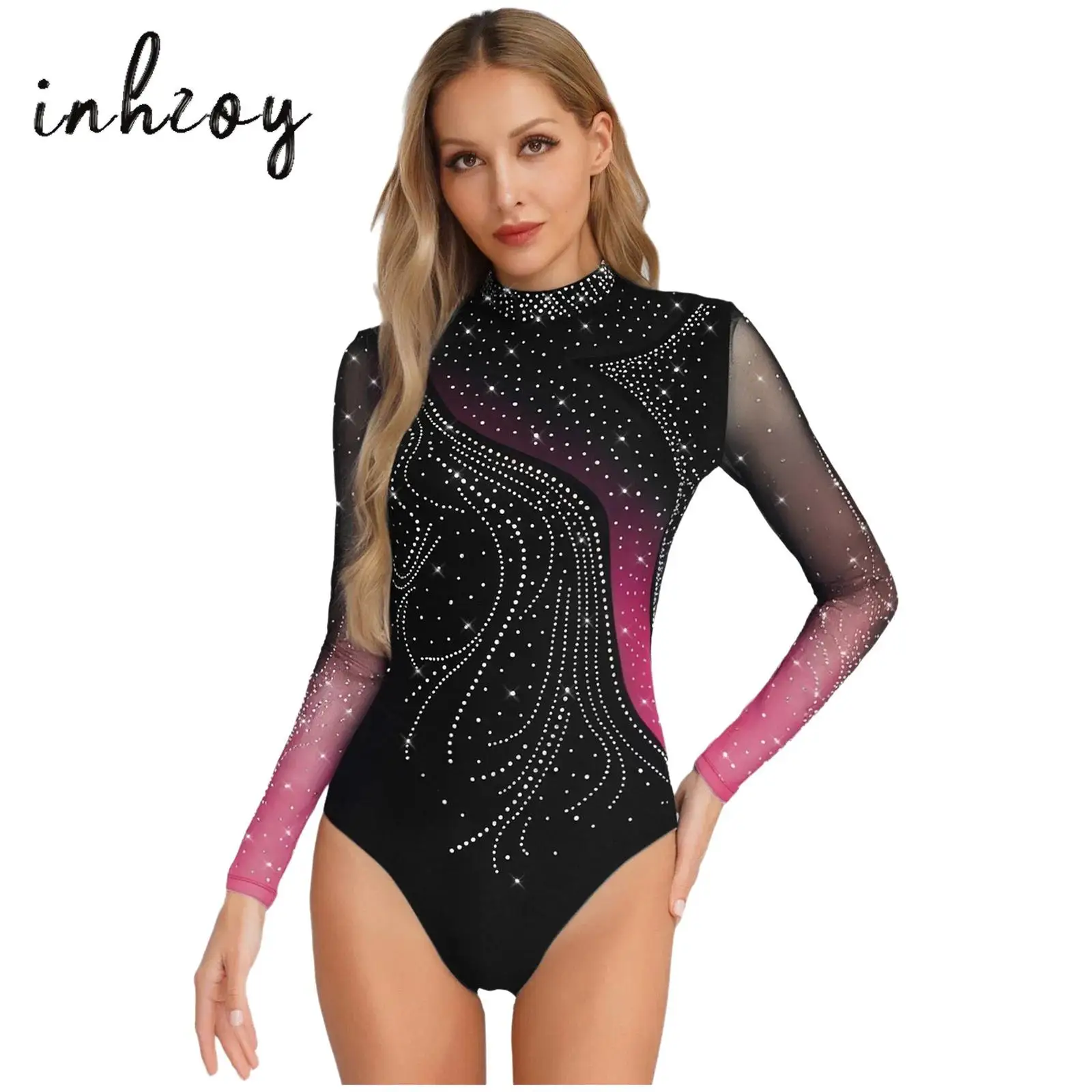 

Womens Figure Skating Leotard Rhinestone Long Sleeve Streamlined Splice Hollow Out Dance Bodysuit for Ballet Gymnastic Training