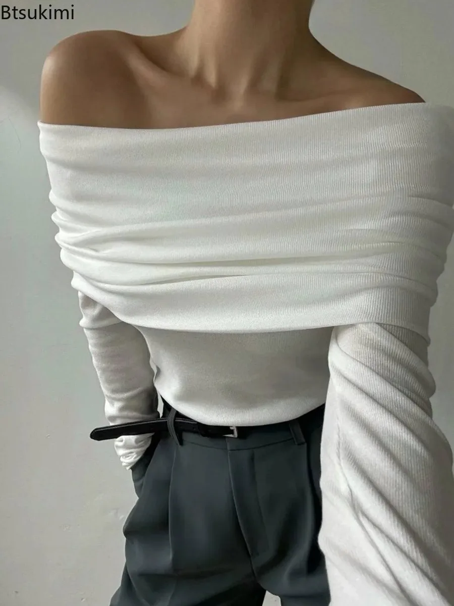 

2025 Autumn Slimming Knitted Sweater Women Fashion Basic Chic Pullover Long Sleeves Office Lady One Shoulder Sexy Sweater Top