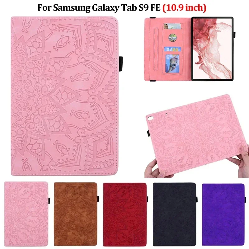 

For Funda Samsung Galaxy Tab S9 FE 10.9 inch Case 3D Flower Embossed PU Leather Wallet Cover For Samsung SM-X510 SM-X516B Coque