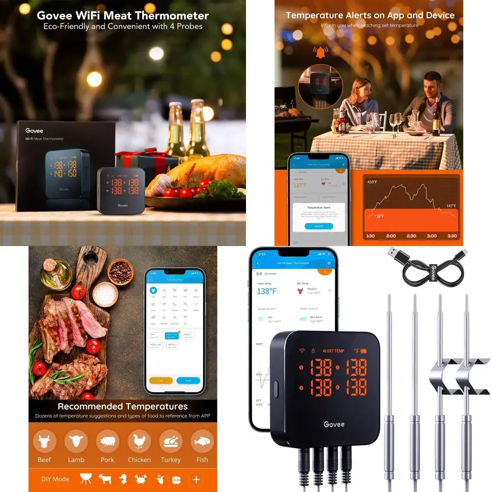 

Wireless 4-Probe Meat Thermometer with App Alerts, Rechargeable Bluetooth Food Thermometer for Grilling, Smoking, and Cooking