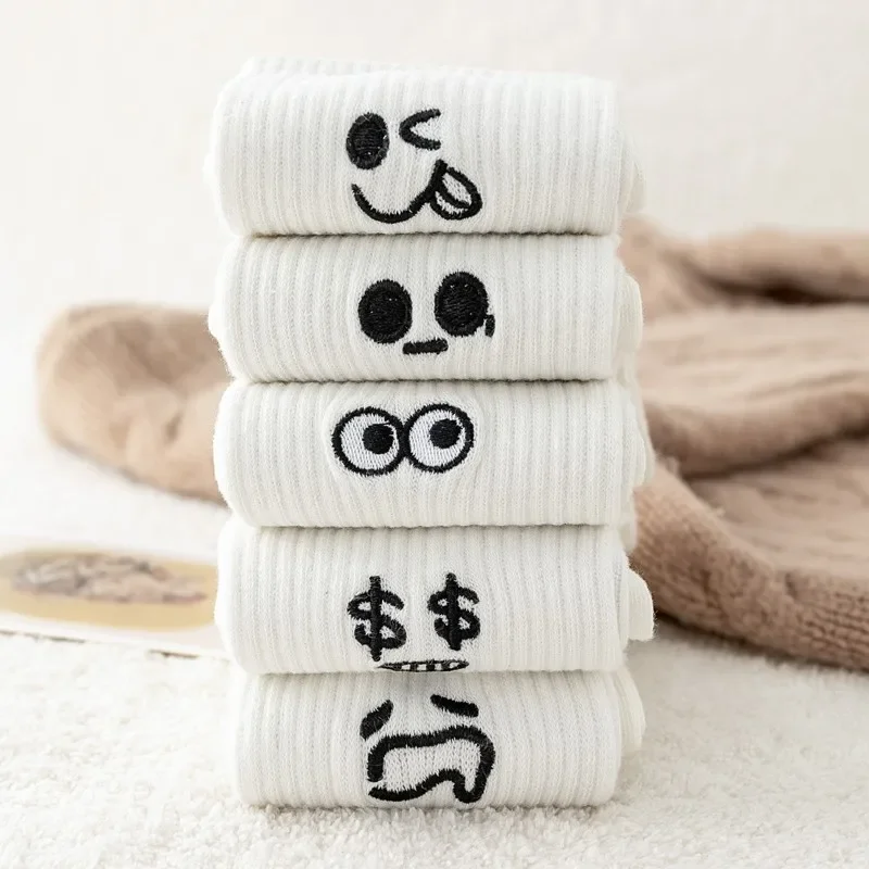 5 Pairs New Women White Cartoon Socks Trendy Versatile Expression Socks With Simple Soft Breathable Comfortable Casual Socks