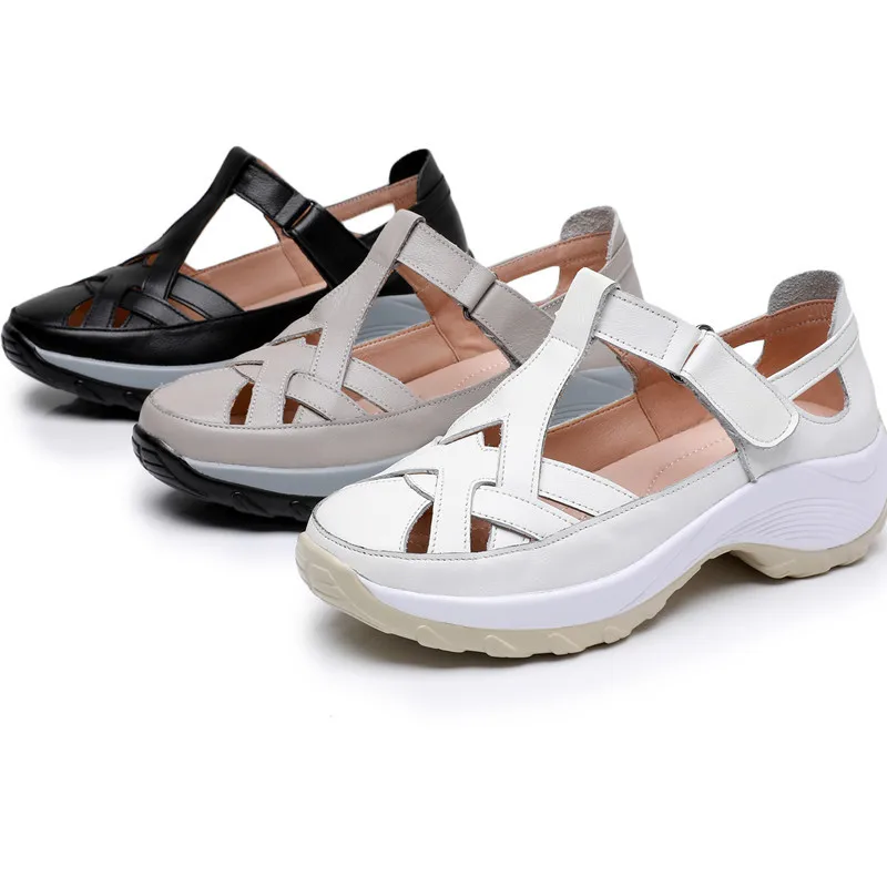 GKTINOO Women Platform Sandals Genuine Leather Comfy Flats Comfortable Ladies Casual Shoes White Sneakers Hollow Female Sandals