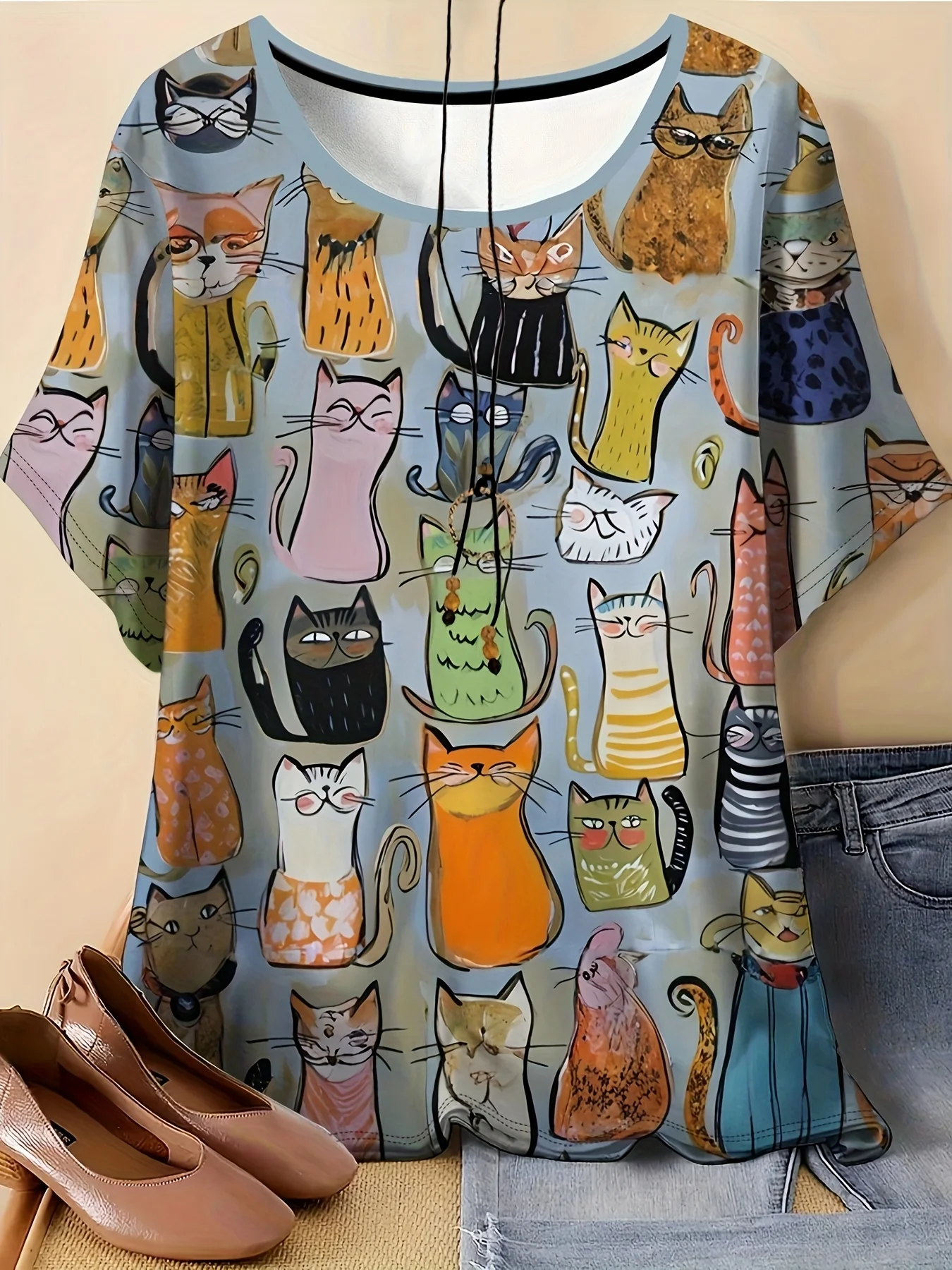 Women Round Neck Short Sleeve T‑shirt Doodle Cartoon Cat Multicolor Collage Print Loose Fit Casual Daily Tee Top Women's Clothes