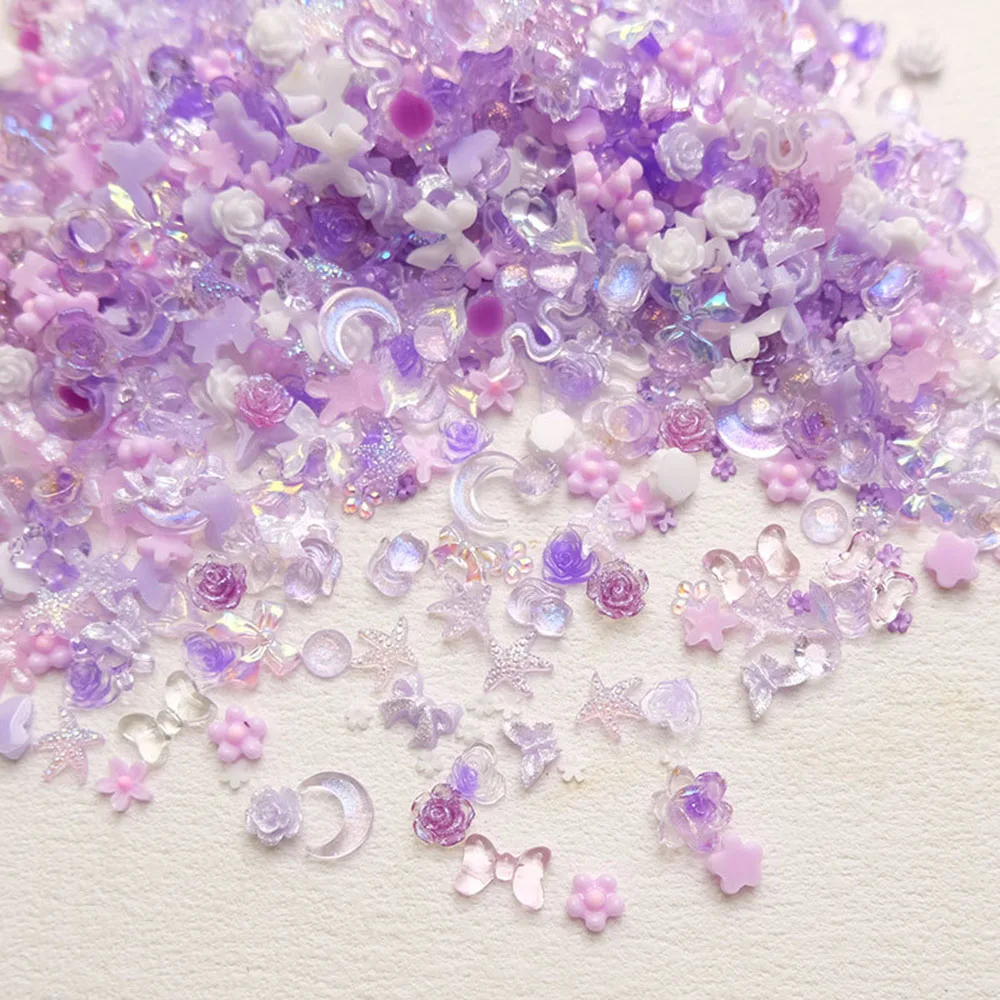 50pcs 3D Resin Nail Charms Butterfly Purple Mixed Shape Flower Moon Bow Design Nail Charm Decoration Manicure Supplies Parts