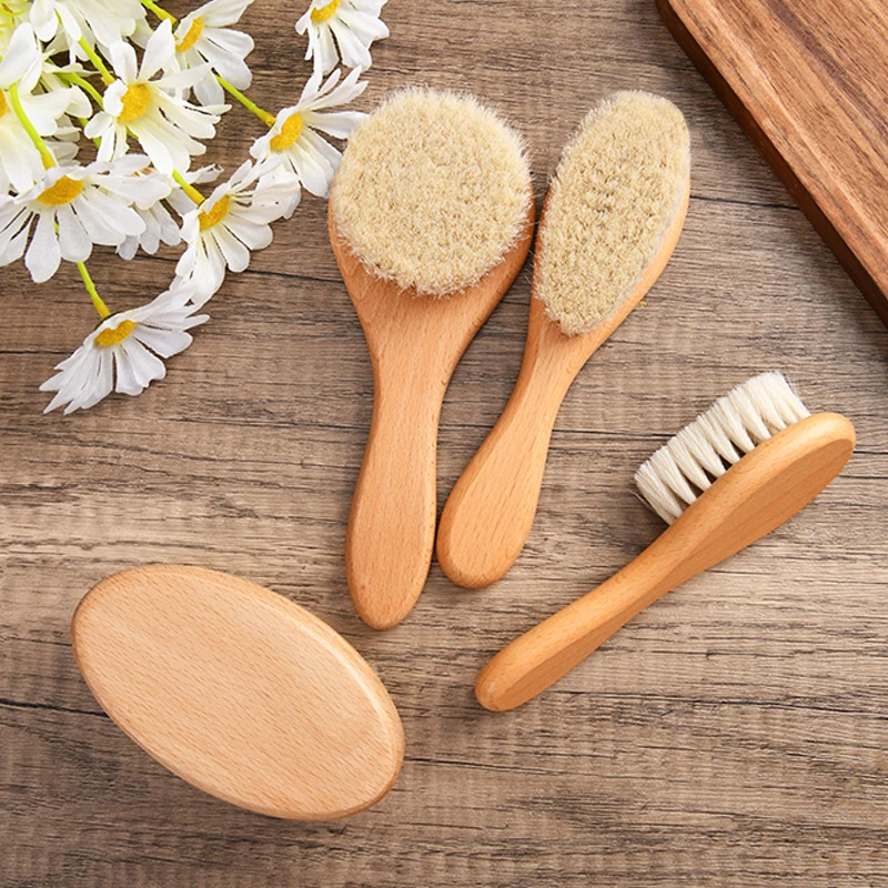 Cepillo con mango de madera para bebé, cepillo de pelo para recién nacido, peine infantil, masajeador de cabeza