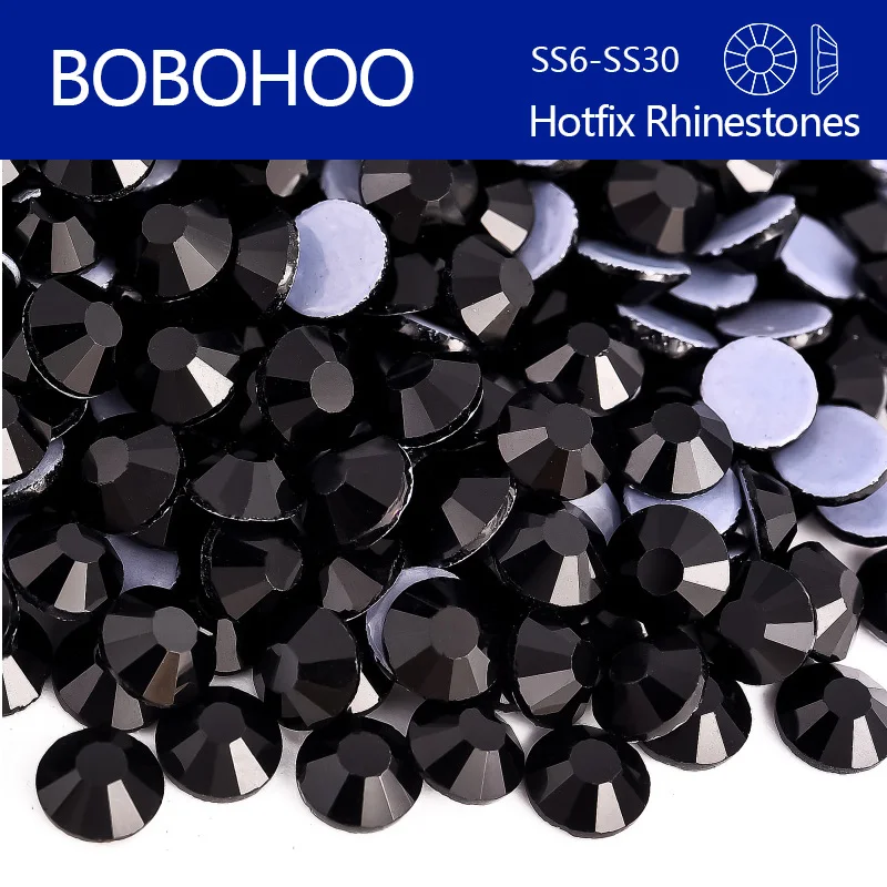 Bobohoo Jet black SS6-SS30 стеклянный кристалл с горячей фиксацией стразы с плоской задней частью железо на камнях для DIY дизайн ногтей ткань украшения одежды