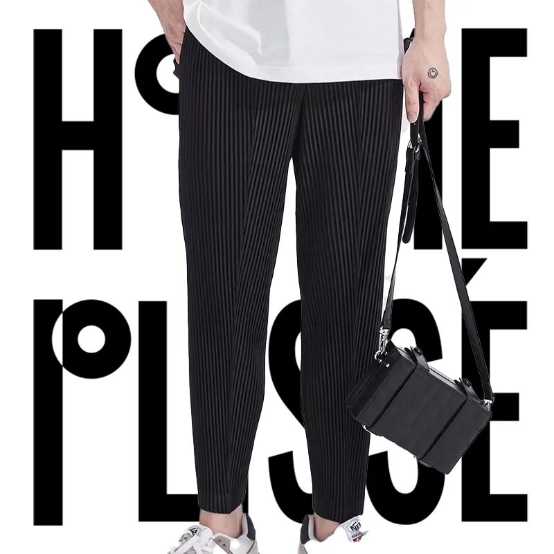 Pleats Pleated Original Pants Men's Pressed Line Harlem Trousers Elastic Waist Mid-seam Pants Loose Casual Nine-minute Pants