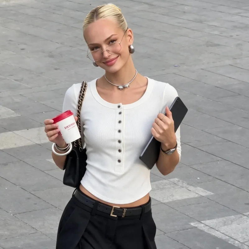 Tuularose Simple Women's T-Shirt Fashion Solid Ribbed Patchwork Cropped Tops Casual New Commuting High Street Chic Women's Top