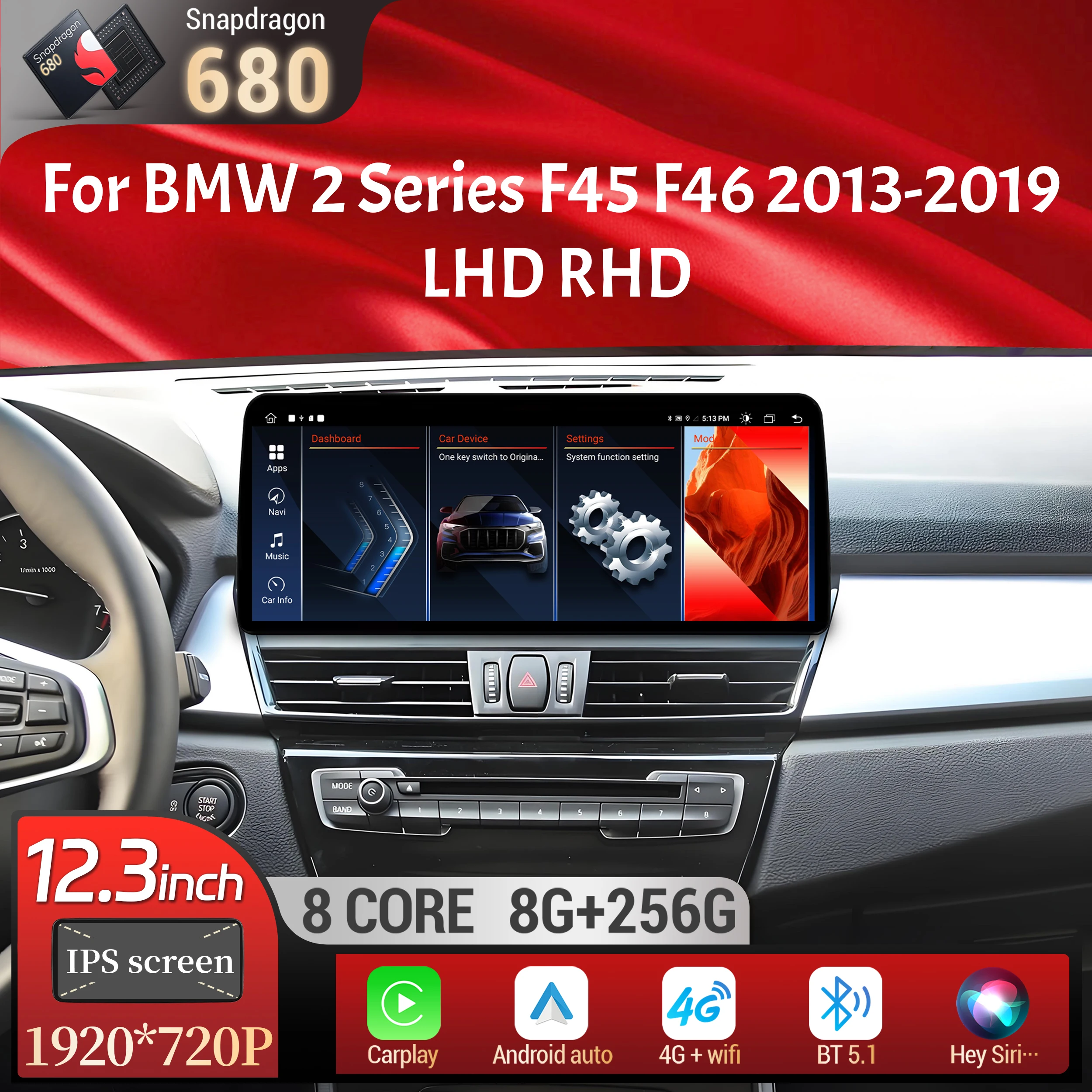 12.3 inch 4G Android 13 For BMW 2 Series F45 F46 2013-2019 Car Radio Wireless Bluetooth Carplay Head Unit Snapdragon 680 Screen