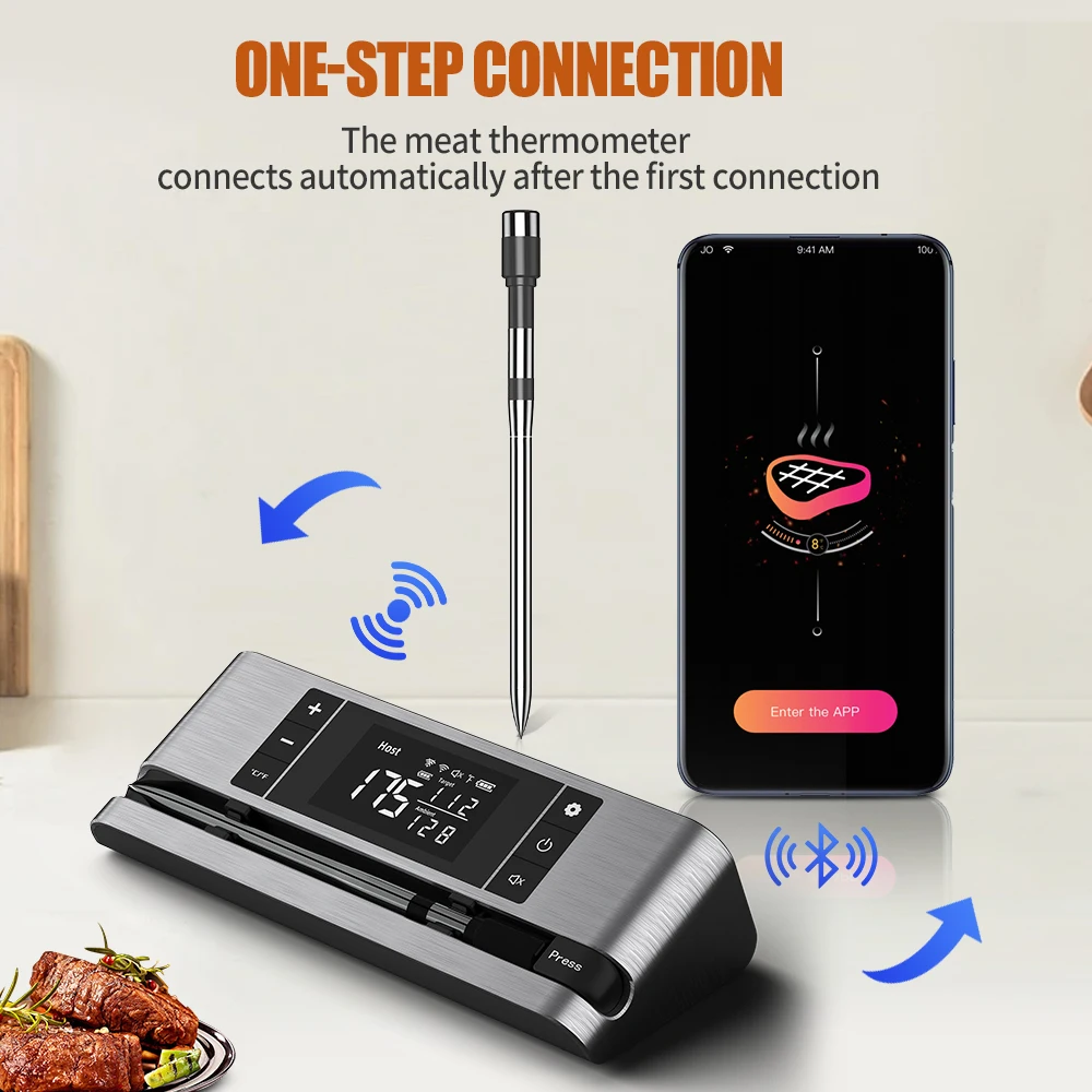 ميزان حرارة اللحوم اللاسلكي الذكي بتقنية البلوتوث - ميزان حرارة اللحوم الرقمي الذكي اللاسلكي للشوي والشواء والفرن والمقلاة الهوائية،