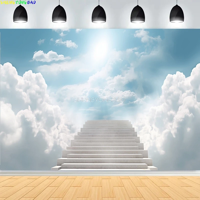 Radiant Sun Rays บันได Vivid Rainbow Blue Sky การถ่ายภาพฉากหลังเมฆสีขาวบันได Heaven Path ภาพพื้นหลัง KY-07