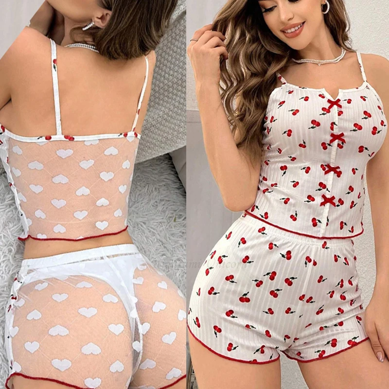 Women's Sexy 2-Piece Pajamas Set Sheer Mesh Loungewear Heart Print Cami Top shorts Plus Size Sleepwear White Ventilate image 4