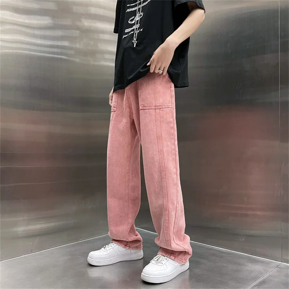 2025 Men's Work Baggy Homme Casual Pants Classic Style Jeans Pink/blue Black Loose Straight Pants Biker Denim Trousers M-2XL