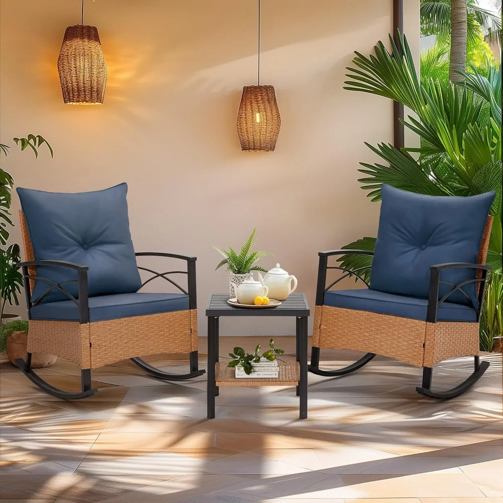 

Комплект мебели для патио из 3 предметов, кресло-качалка для улицы с толстыми подушками и двухуровневым журнальным столиком, плетеный набор-качалка для бистро